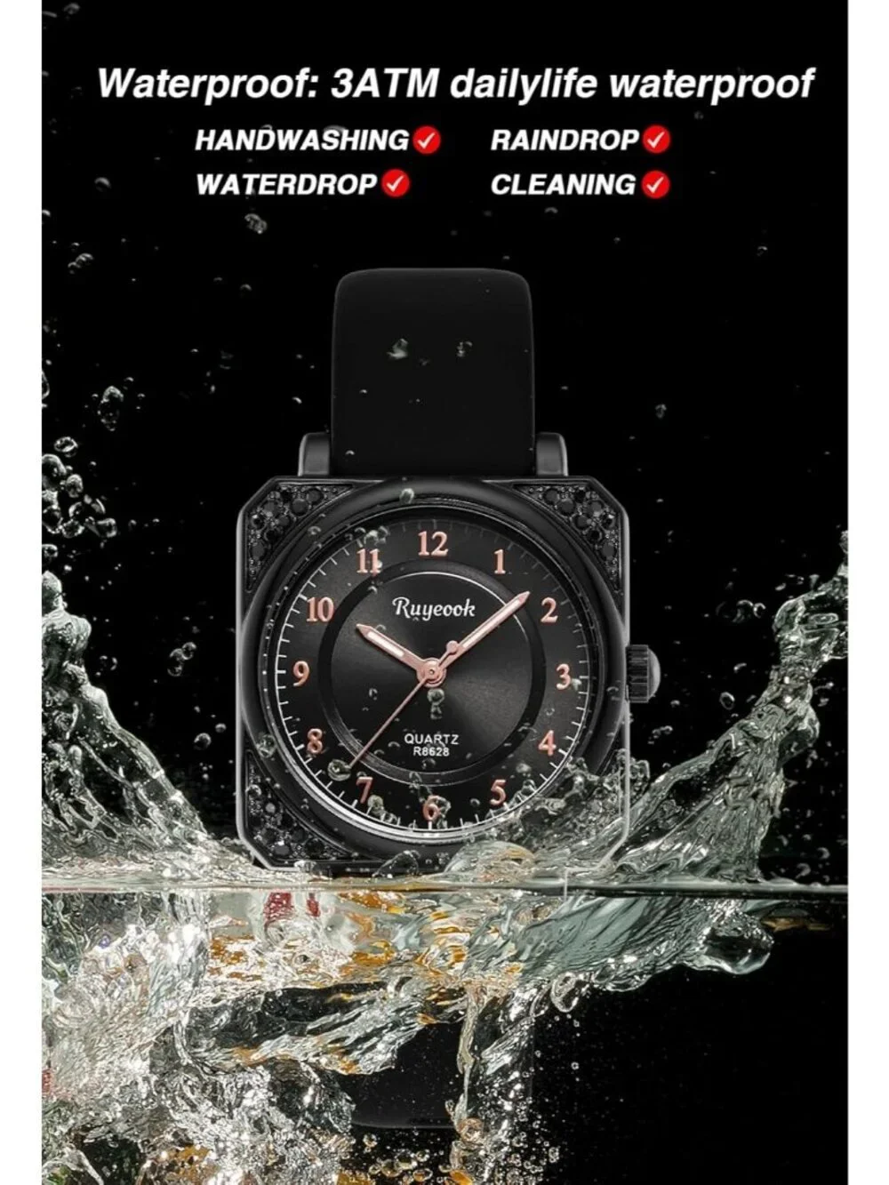 Women's Black Analog Quartz Silicone Band Crystal Square Waterproof Wrist Watch